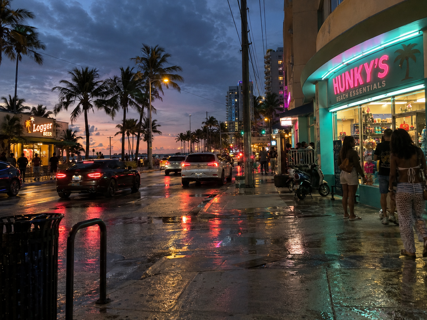 Beach essentials shop with pink neon signage on a wet street at dusk