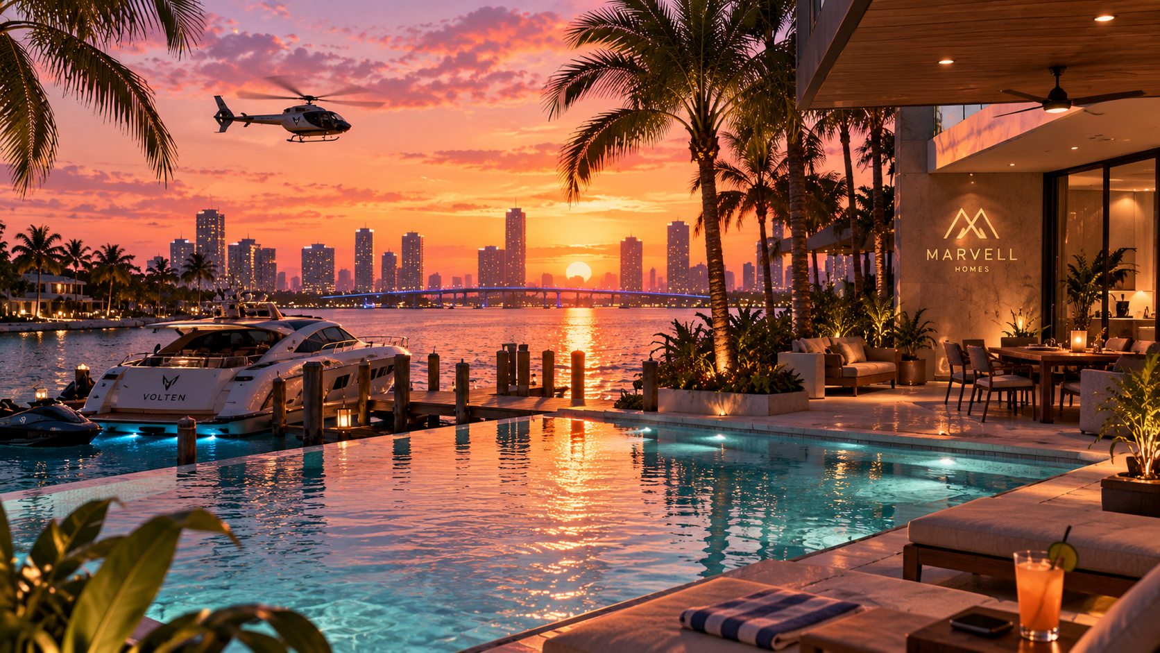 Sunset waterfront pool and yacht dock beneath a glowing skyline with a helicopter overhead