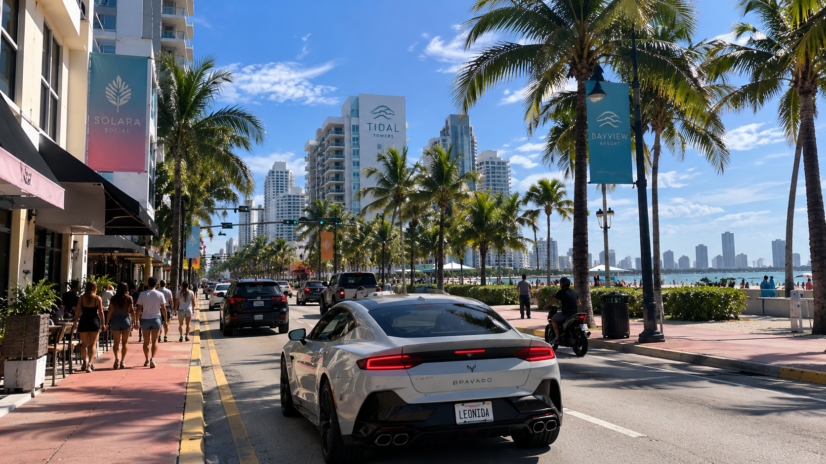 Sunny street with resort towers, palm trees, beachgoers and a white sports car with a Leonida plate