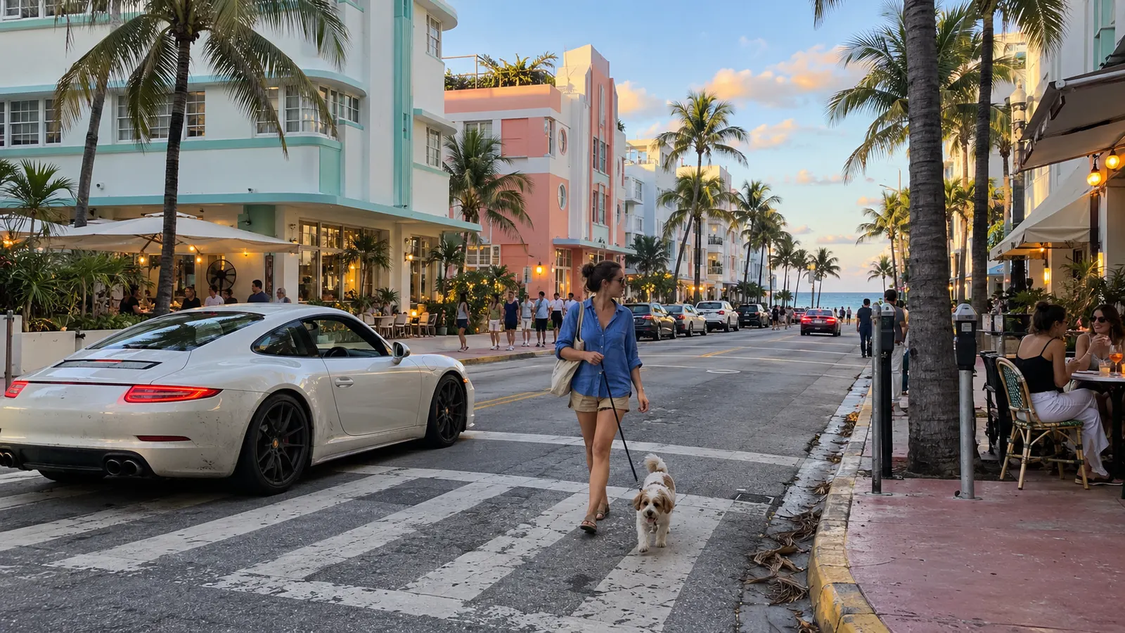 Palm-lined boulevard with pastel buildings, cars and pedestrians