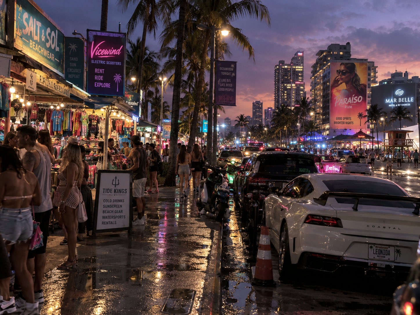 Beachside market stalls at sunset with a parked car