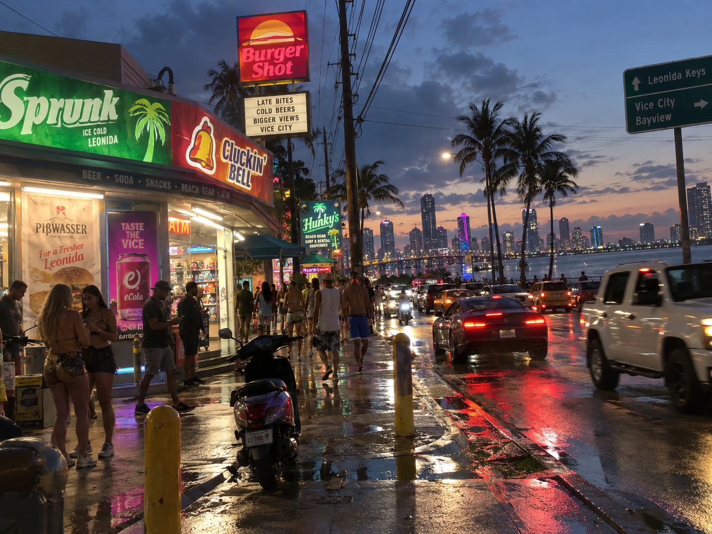 Dusk street with Sprunk, Burger Shot and Cluckin' Bell signs and a Vice City Bayview road sign