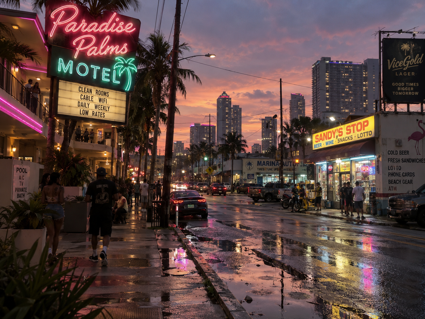 Neon motel sign and small shops along a street at sunset