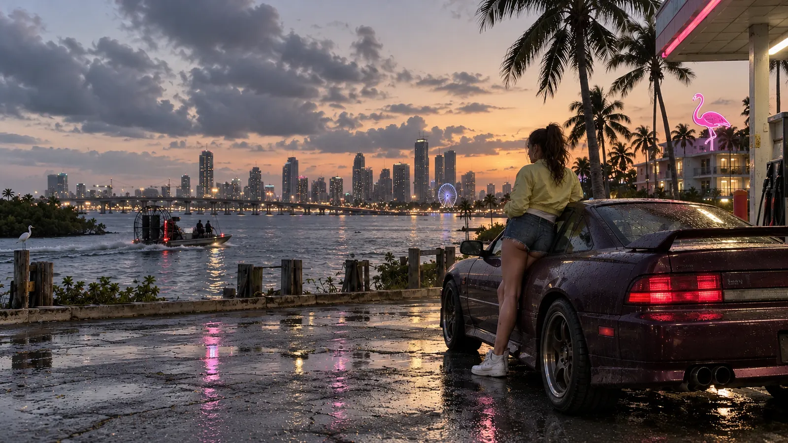 Waterfront skyline at sunset, with a purple sports car and neon flamingo sign