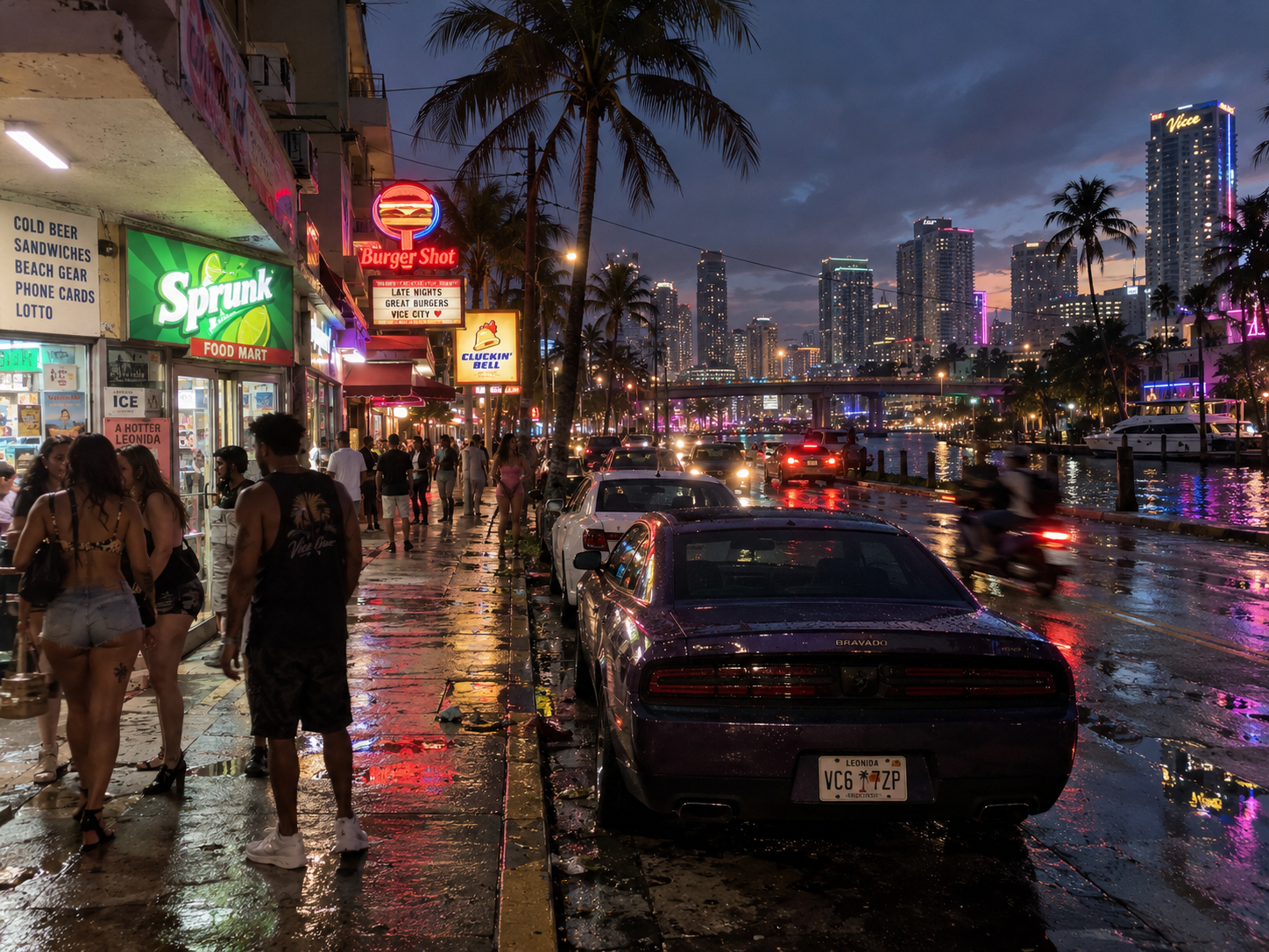 Neon-lit food mart strip at night with a purple muscle car on a wet street