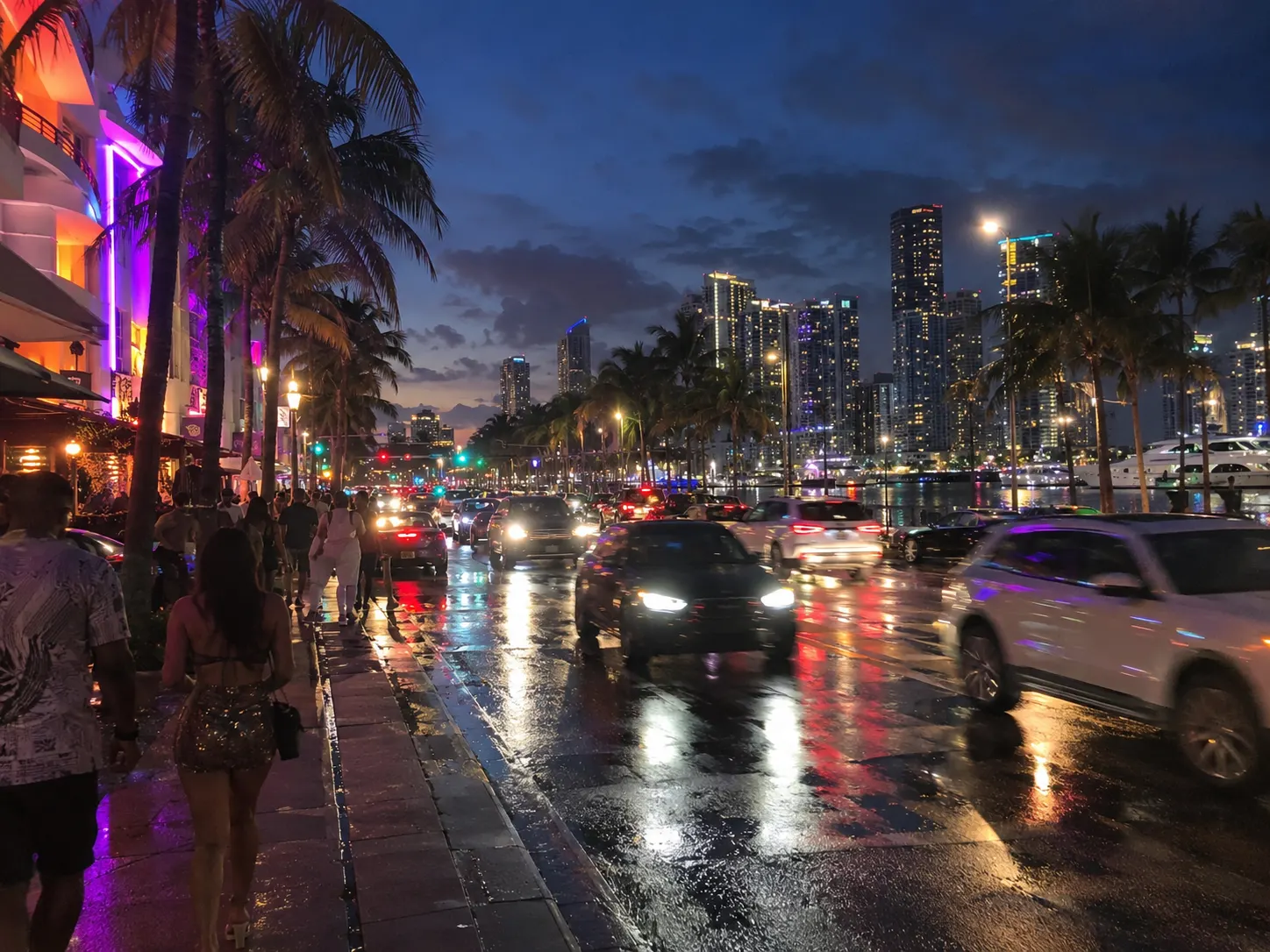 Neon-lit strip at night with rain and palm reflections on the wet road
