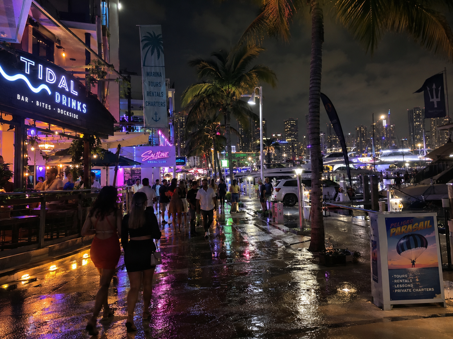Waterfront boardwalk bars and yachts at night with city skyline