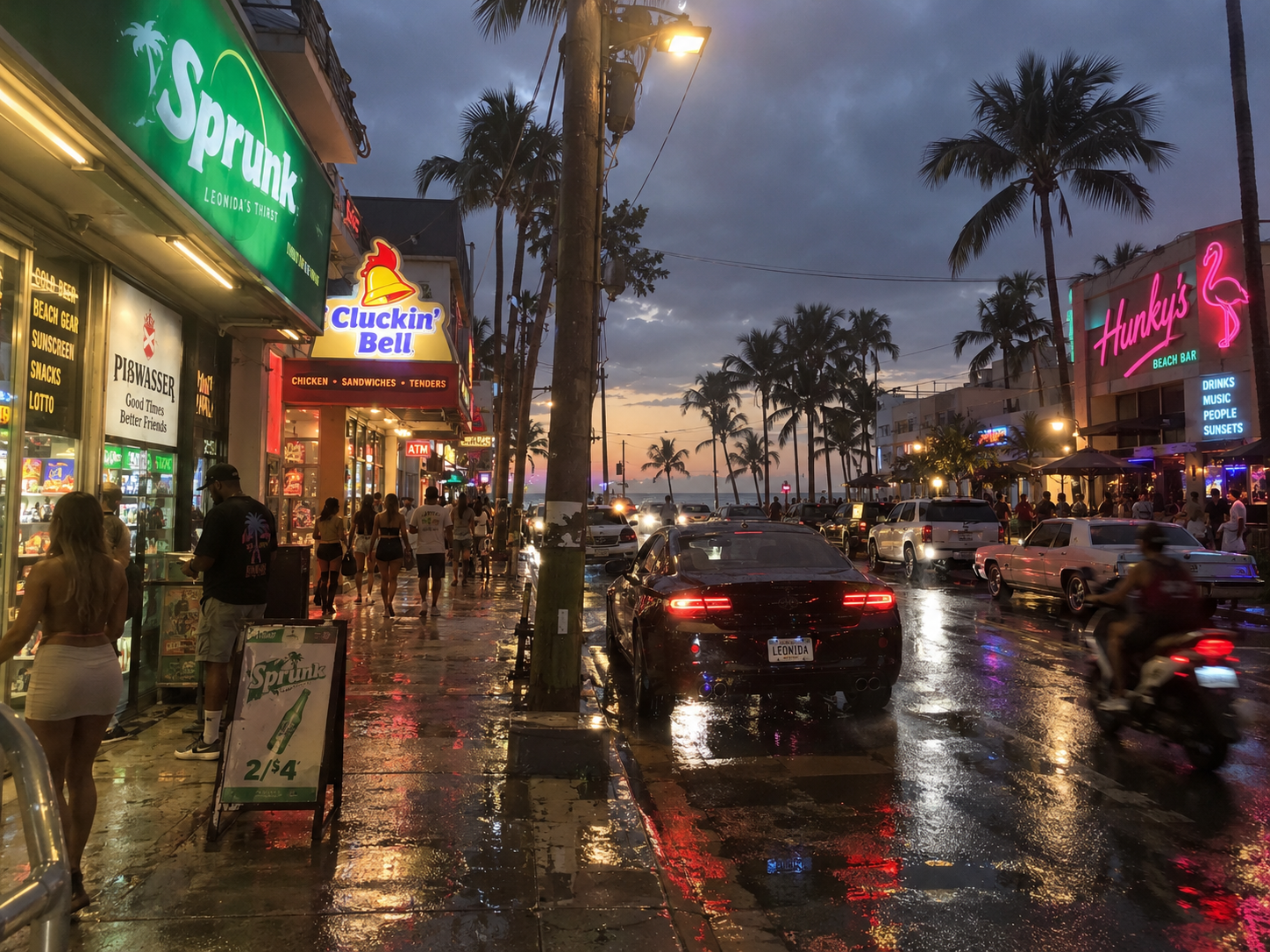 Rain-slick corner at night with a Sprunk store, Cluckin' Bell and Hunky's neon signs