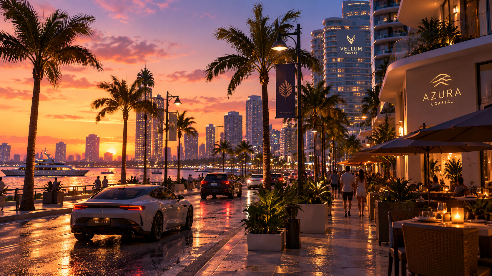 Palm-lined marina promenade at sunset with cafes, yachts and a white sports car