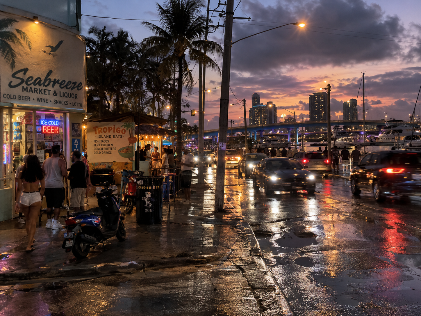 Corner market and taco stand on a wet street beside a bridge at dusk