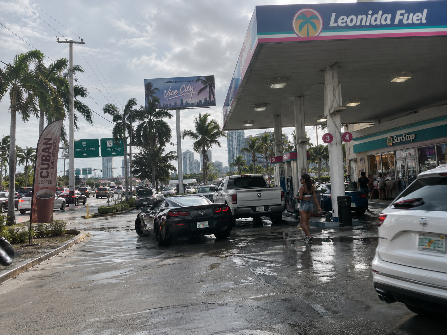 Roadside fuel stop at dusk with a Vice City billboard and a parked car