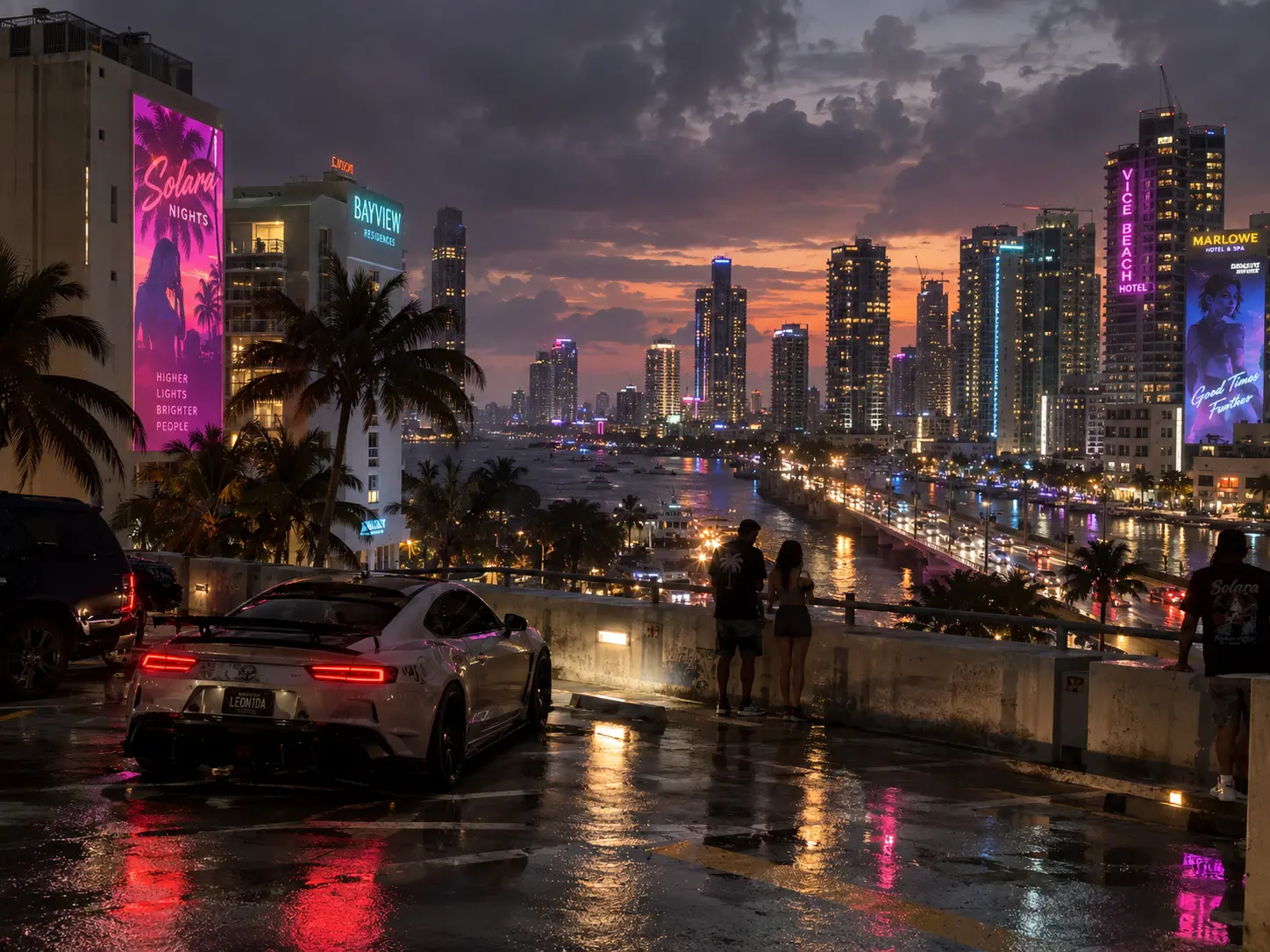 Sports car parked on an overlook above the glowing night skyline