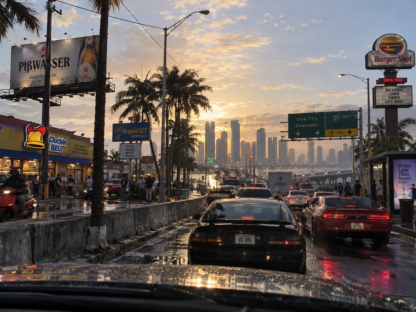 Morning traffic on a causeway heading toward the downtown skyline at sunrise