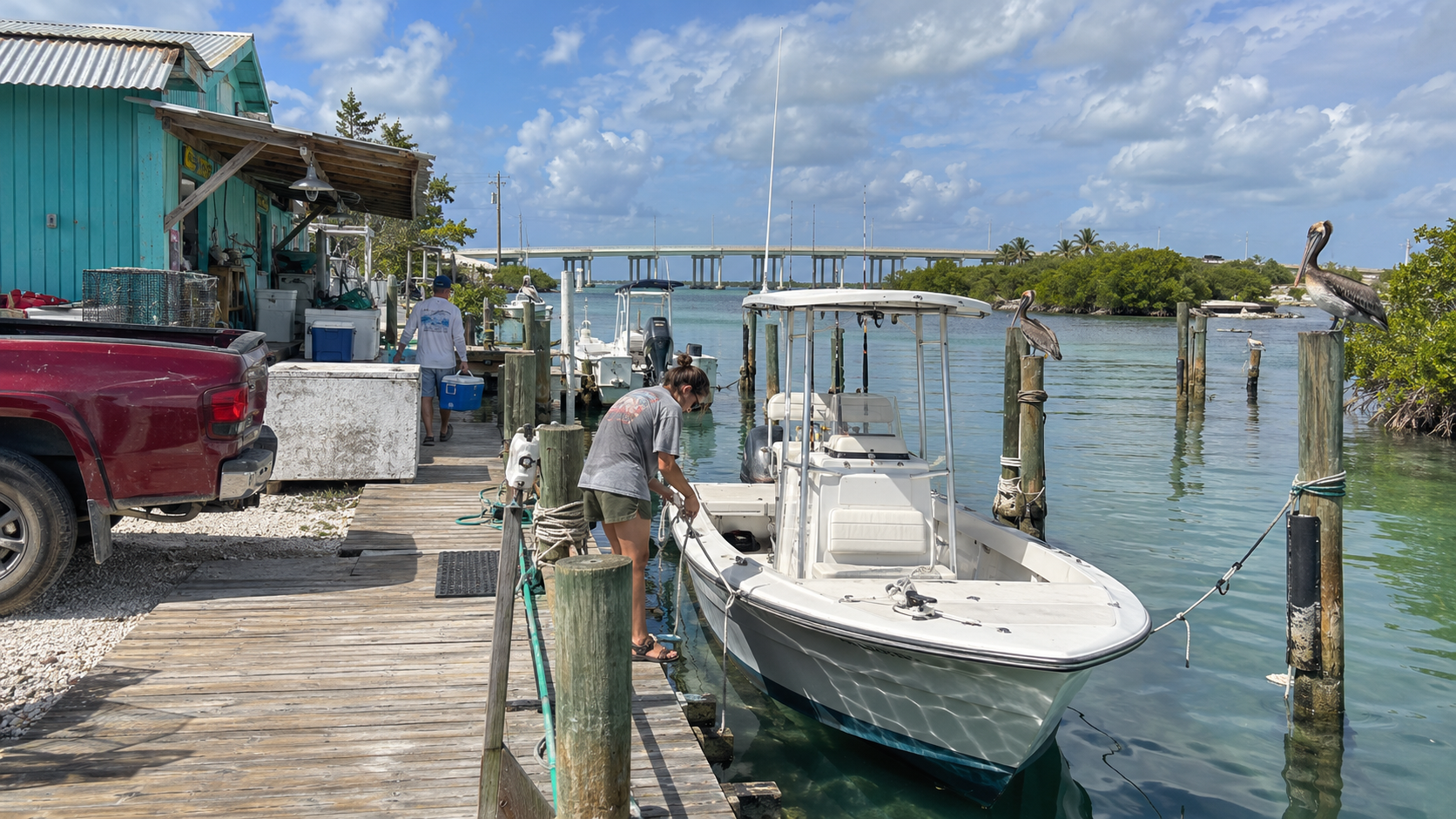 Small fishing boat at a waterfront marina, with pelicans on dock posts