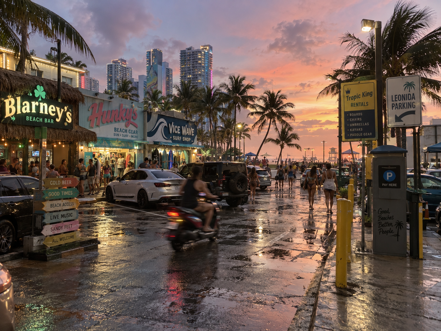 Beach bars and surf shops along the oceanfront at golden hour