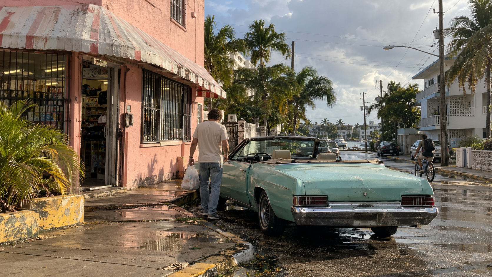 Turquoise convertible parked beside a neighborhood corner store